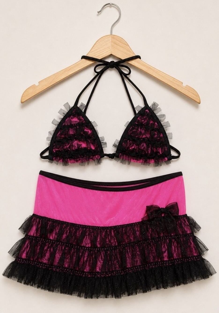 Hot Pink Black Ruffle Lace Halter Top Mini Skirt Lingerie Costume S